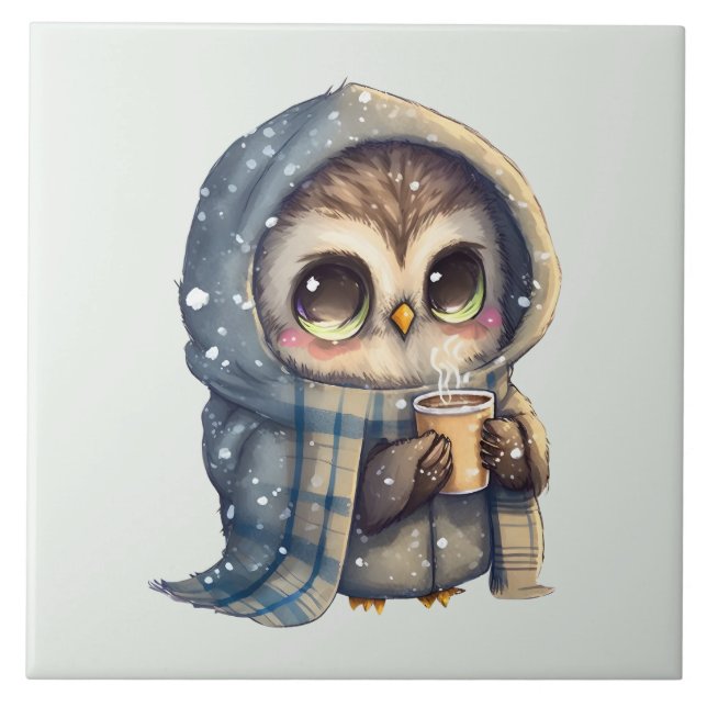 Cute Uggla Holding a Coffee Kakelplatta (Framsidan)