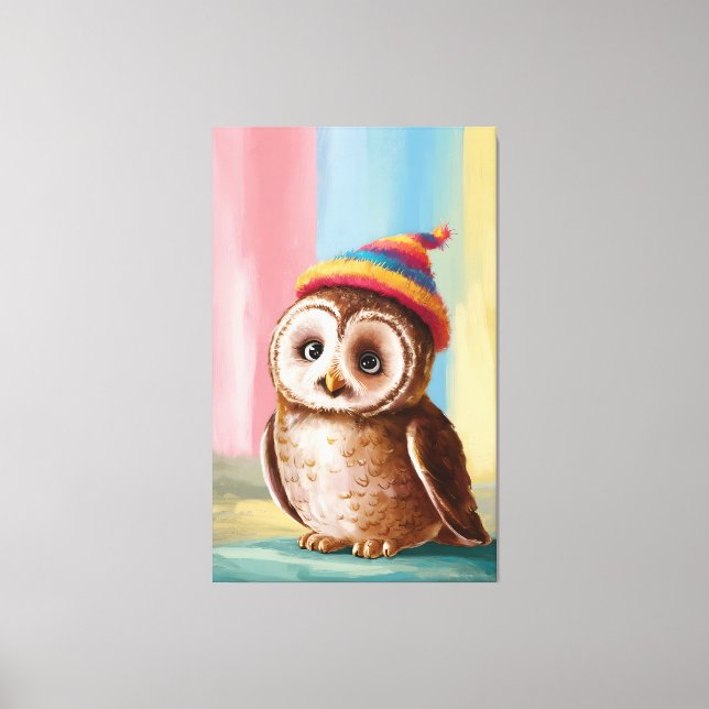 Cute Uggla i Colorful Beanie Canvastryck (Framsida)