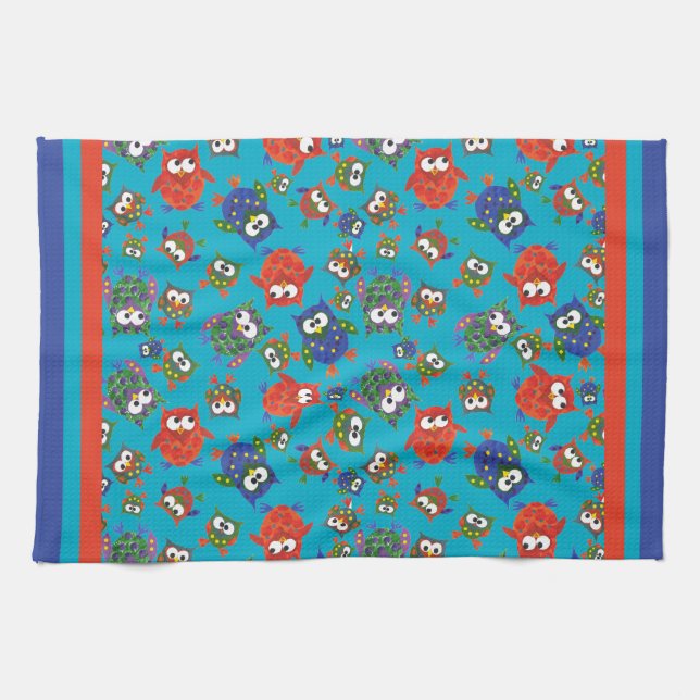 Cute Uggla Kitchen Towel, Red, Blue, Grönt Kökshandduk (Horisontell)