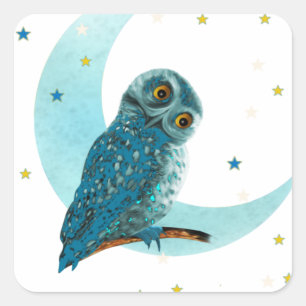 Cute Uggla Måne och Stars Fyrkantigt Klistermärke