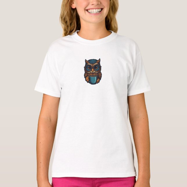 "Cute Uggla med Coffee Kopp", finare design T Shirt (Framsida)