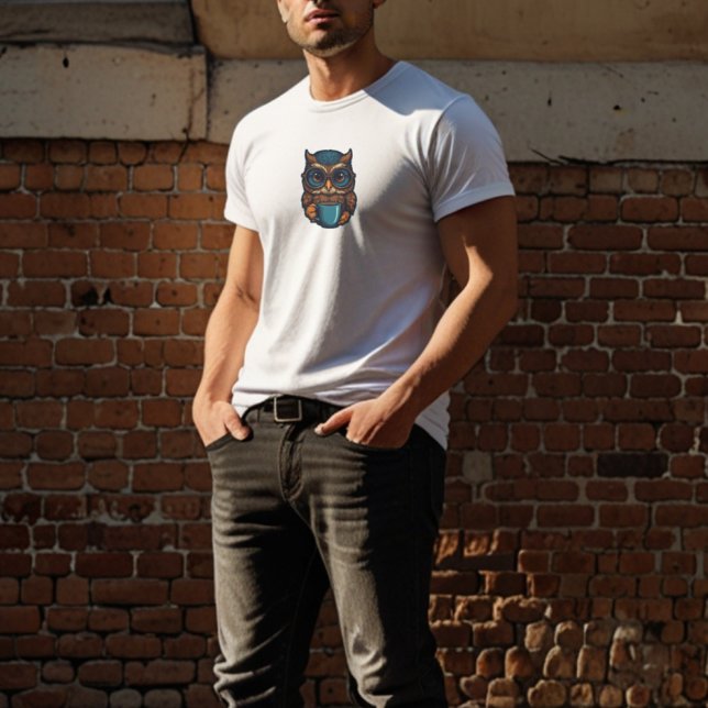 "Cute Uggla med Coffee Kopp", finare design T Shirt (Skapare uppladdad)