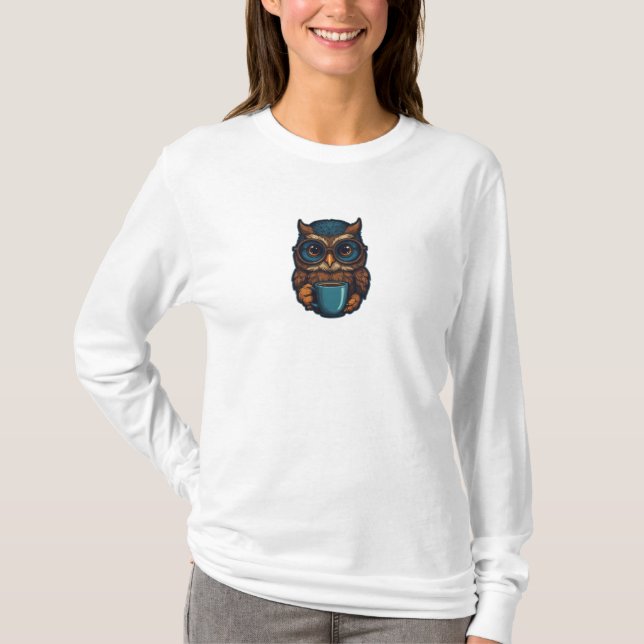 "Cute Uggla med Coffee Kopp", finare design T Shirt (Framsida)