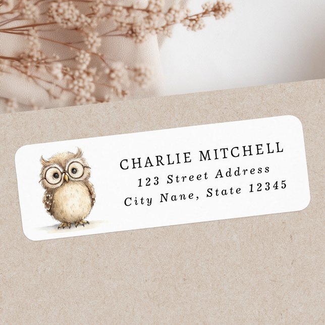 Cute-uggla med glasögon, returadress etikett (Cute wise owl with glasses return address label)