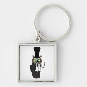 Cute Uggla med Monocle Fyrkantig Silverfärgad Nyckelring