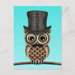 Cute Uggla med Monocle och Top hat Blue Vykort