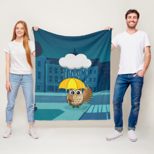 Cute Uggla med Parbrella på Rainy Day Fleecefilt