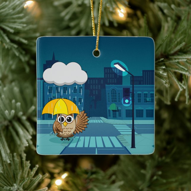 Cute Uggla med Parbrella på Rainy Day Julgransprydnad Keramik (Träd)