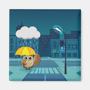Cute Uggla med Parbrella på Rainy Day Magnet