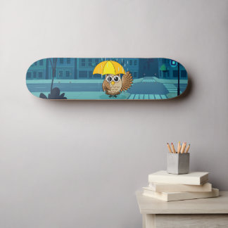 Cute Uggla med Parbrella på Rainy Day Mini Skateboard Bräda 18,5 Cm
