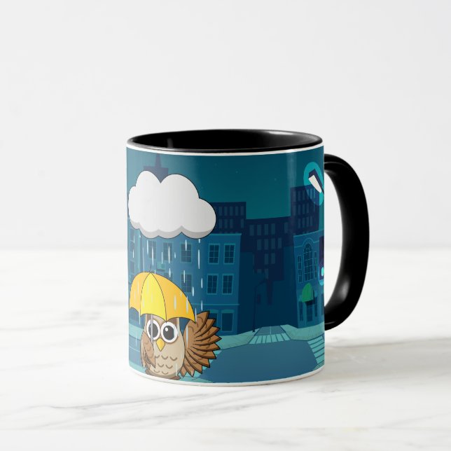 Cute Uggla med Parbrella på Rainy Day Mugg (Framsida höger)