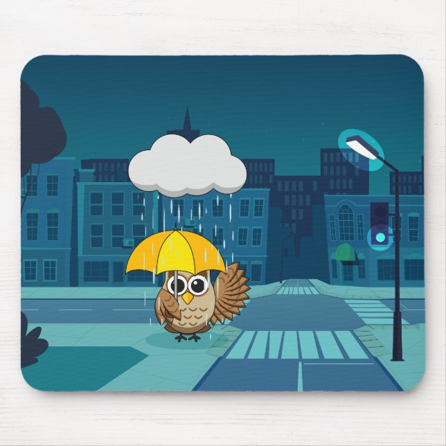 Cute Uggla med Parbrella på Rainy Day Musmatta (Framsidan)