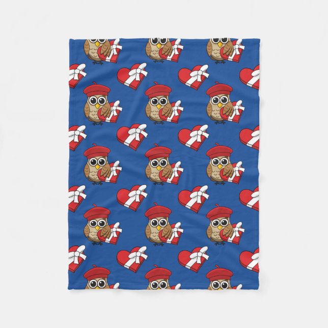Cute Uggla med Red Beret och Heart Box Fleecefilt (Framsidan)