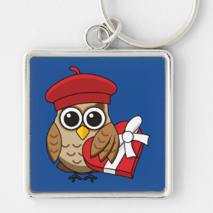 Cute Uggla med Red Beret och Heart Box Fyrkantig Silverfärgad Nyckelring