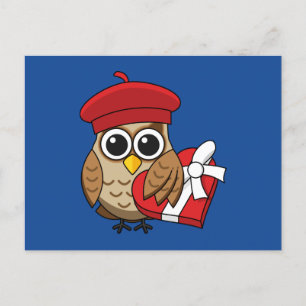 Cute Uggla med Red Beret och Heart Box Helg Vykort