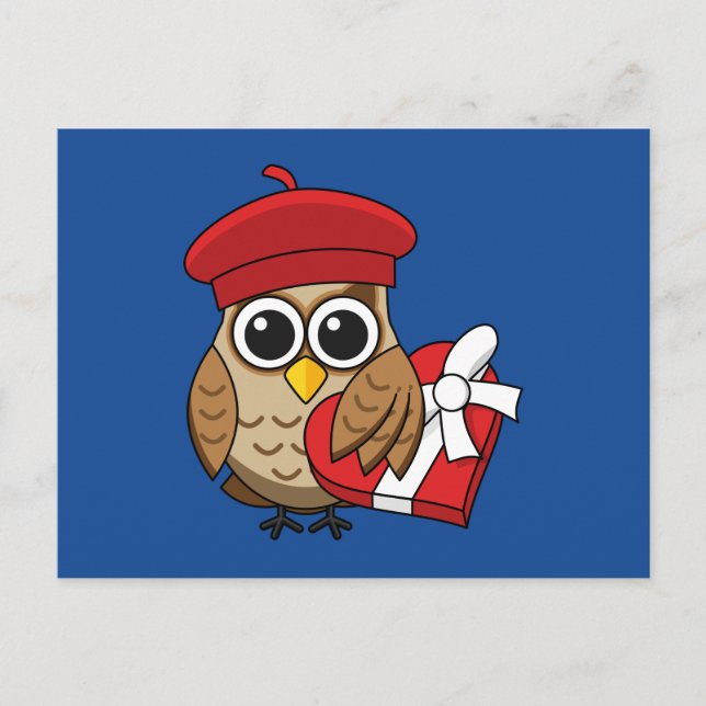 Cute Uggla med Red Beret och Heart Box Helg Vykort (Framsida)