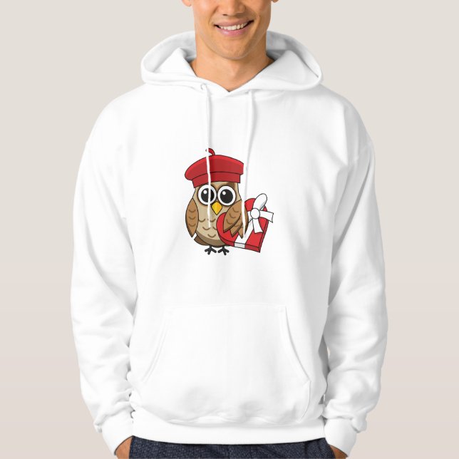 Cute Uggla med Red Beret och Heart Box Hoodie (Framsida)