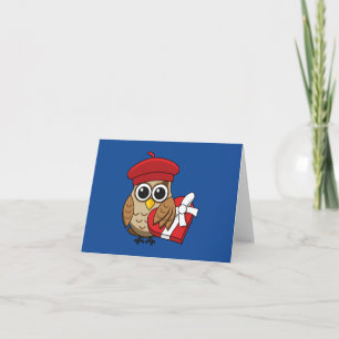 Cute Uggla med Red Beret och Heart Box Kort