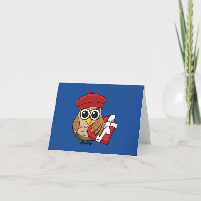 Cute Uggla med Red Beret och Heart Box Kort (Framsida)