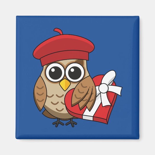 Cute Uggla med Red Beret och Heart Box Magnet (Framsidan)