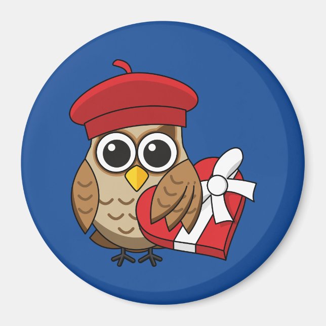 Cute Uggla med Red Beret och Heart Box Magnet (Framsidan)