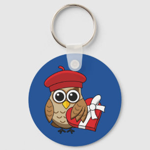 Cute Uggla med Red Beret och Heart Box Nyckelring