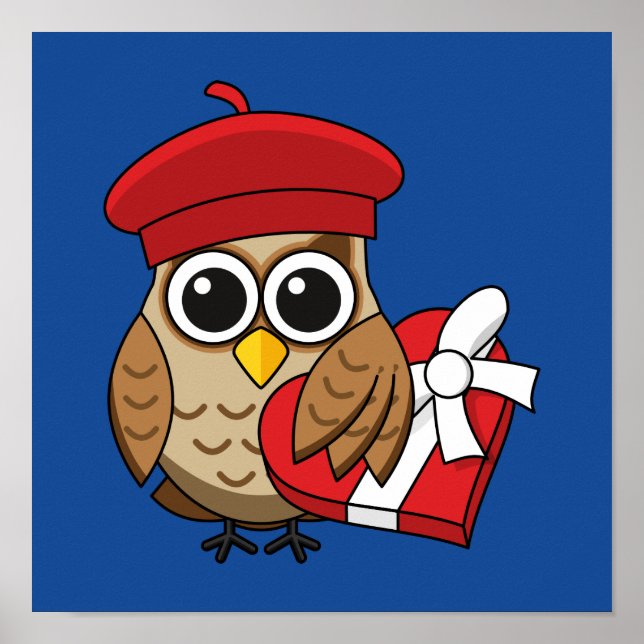 Cute Uggla med Red Beret och Heart Box Poster (Framsidan)