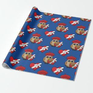 Cute Uggla med Red Beret och Heart Box Presentpapper