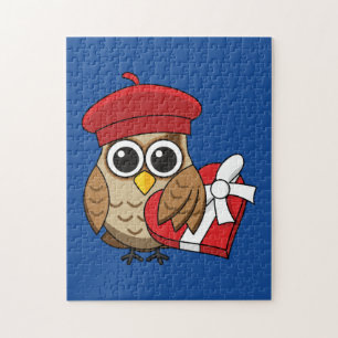 Cute Uggla med Red Beret och Heart Box Pussel