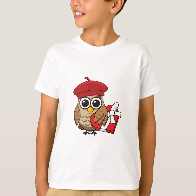 Cute Uggla med Red Beret och Heart Box T Shirt (Framsida)