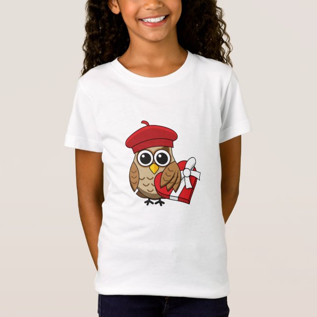 Cute Uggla med Red Beret och Heart Box T Shirt (Framsida)