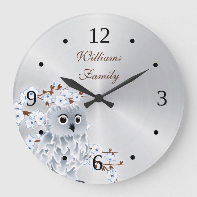 Cute Uggla och Cherry Blommarna Silver Monogram Stor Klocka (Framsida)