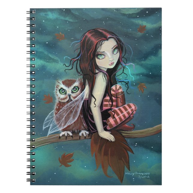 Cute Uggla och Fairy Fantasy Art Notebook Anteckningsbok (Framsidan)