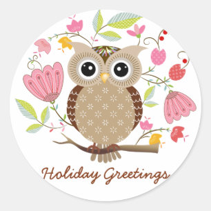 Cute Uggla och Flowers Holiday Greetings Stickers Runt Klistermärke