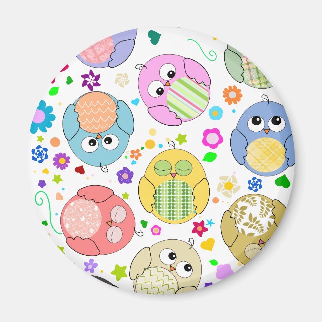 Cute Uggla och Flowers mönster Magnet (Framsidan)