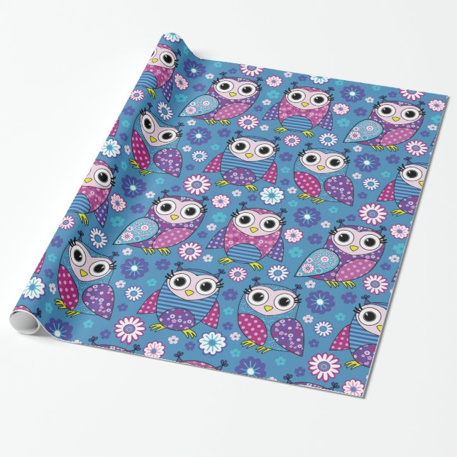 Cute Uggla och Flowers Presentpapper (Utrullad)