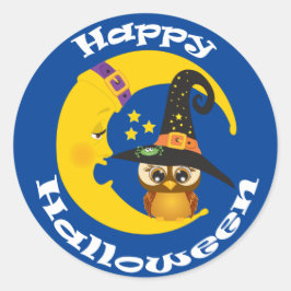 Cute Uggla och Måne Halloween Runt Klistermärke