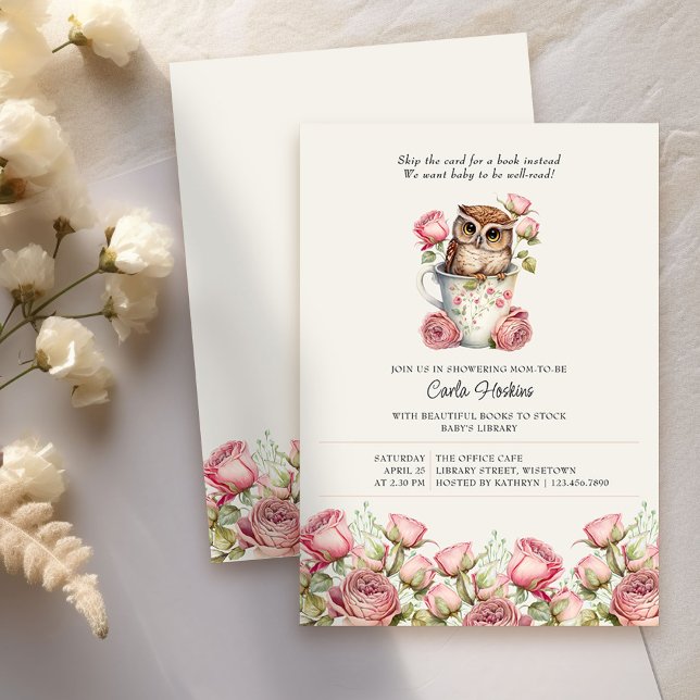 Cute Uggla och Ro Bokar för babyskor Inbjudningar (Baby Shower invitation asking for books ideal for book lovers, office baby showers, baby sprinkles
)
