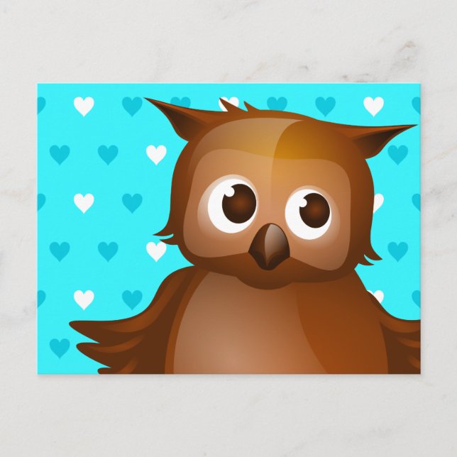 Cute Uggla på Blue Heart Mönster Background Vykort (Framsida)