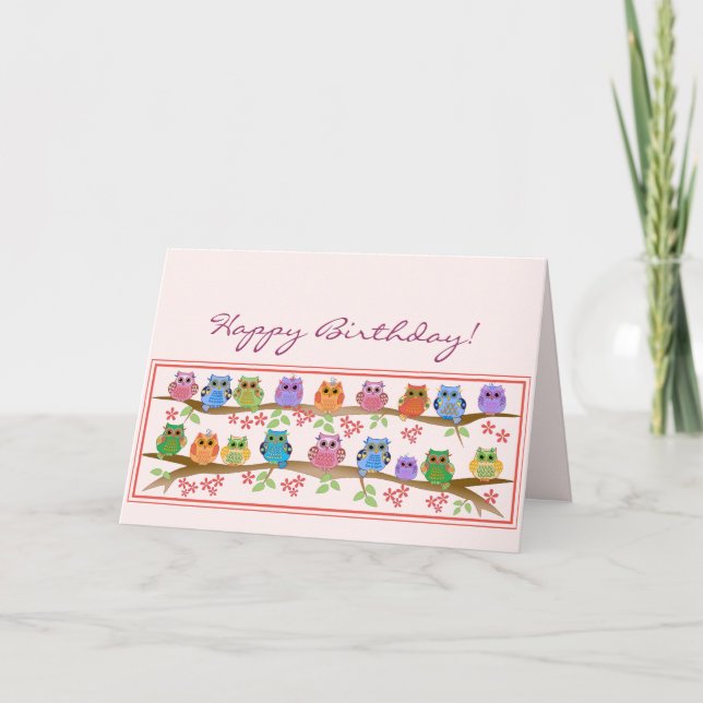 Cute Uggla på brenches & text Birday Card Kort (Framsida)