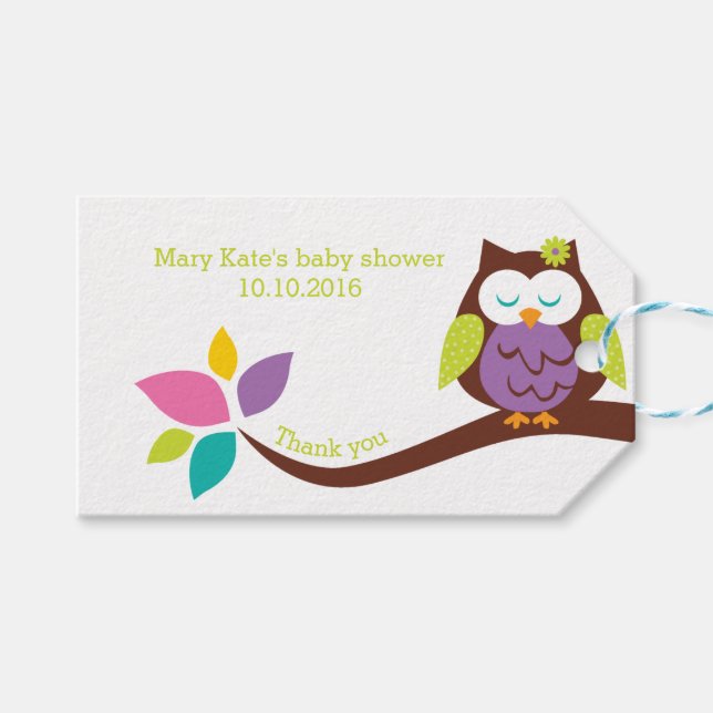 Cute UGGLA på en babyåda i gren BIRTHDAY Presentetikett (Framsidan (Horisontell))