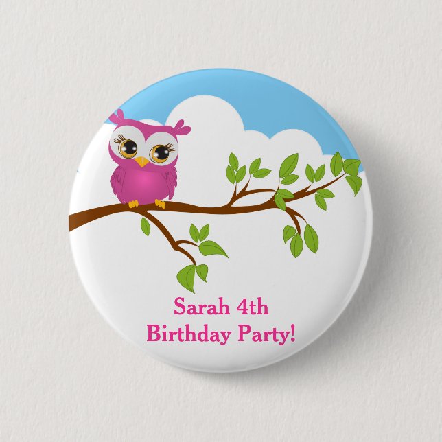 Cute Uggla på Gren Birthday Button Knapp (Framsida)