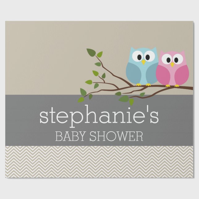 Cute Uggla på Gren Flicka eller Boy Shower Presentpapper (Platt)