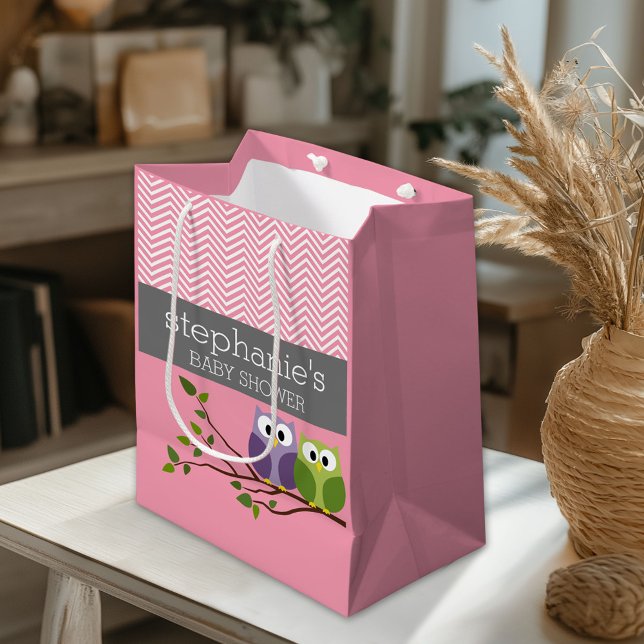 Cute Uggla på Gren Flicka Shower Rosa (Custom Gift Bag)