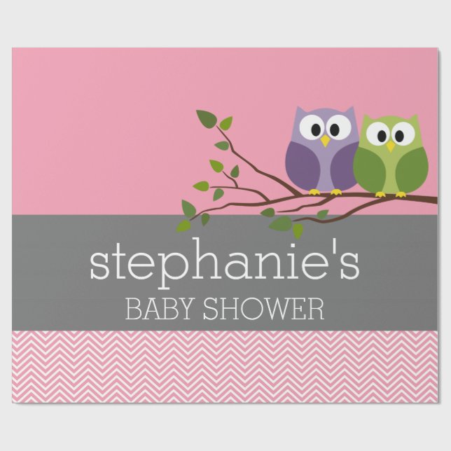 Cute Uggla på Gren Flicka Shower Rosa Presentpapper (Platt)