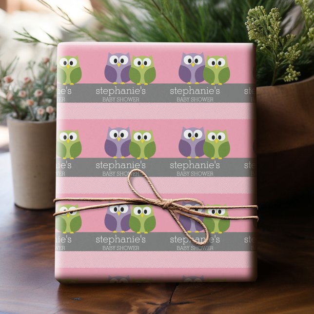 Cute Uggla på Gren Flicka Shower Rosa Presentpapper (Custom Wrapping Paper)