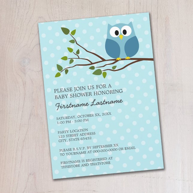 Cute Uggla på Gren Light Blue Pojke Shower Inbjudningar (Cute Woodland Owl Baby Shower Invitation - Pastel Blue Polka Dots)