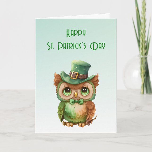 Cute Uggla på Grönt Top hat St. Patrick's Day Kort (Framsida)