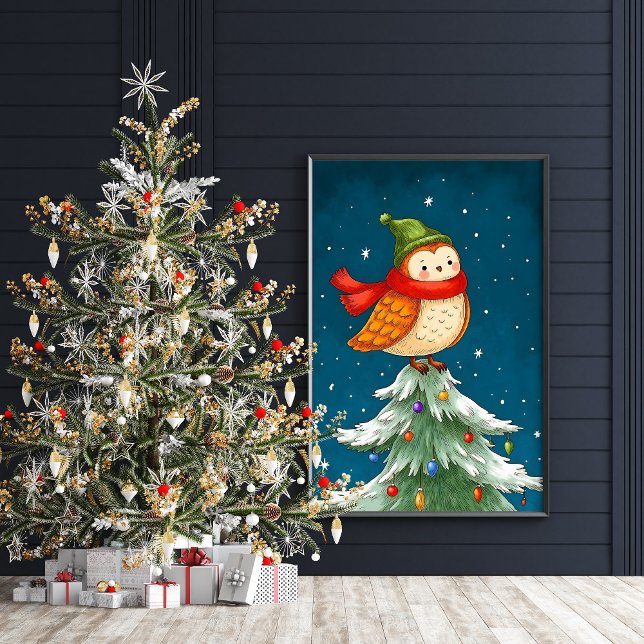 Cute Uggla på Julgran Poster utskrift (Cute Christmas owl illustration wall art poster)