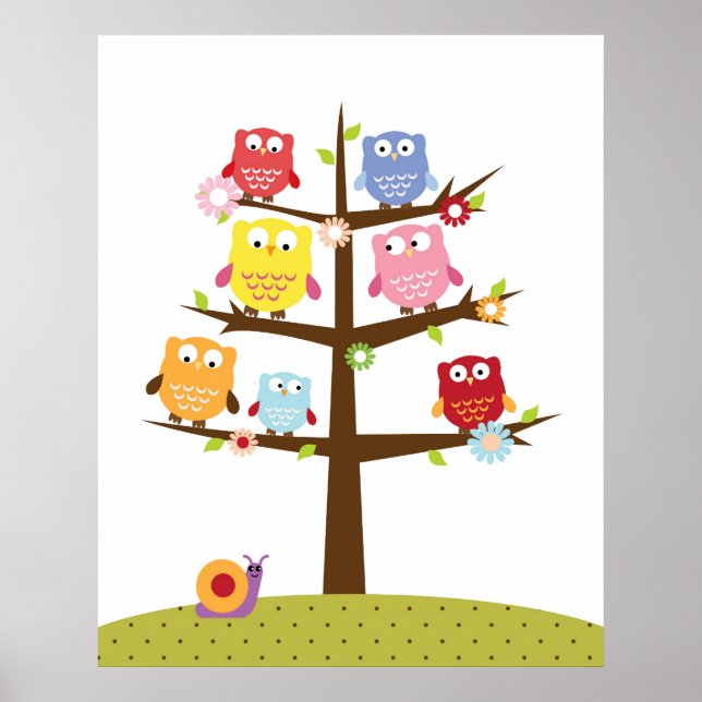 Cute uggla på träd illustration poster (Framsidan)